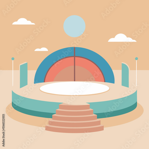 Illustration of a stage with stairs, a circular backdrop, and clouds in a pastel color palette scene