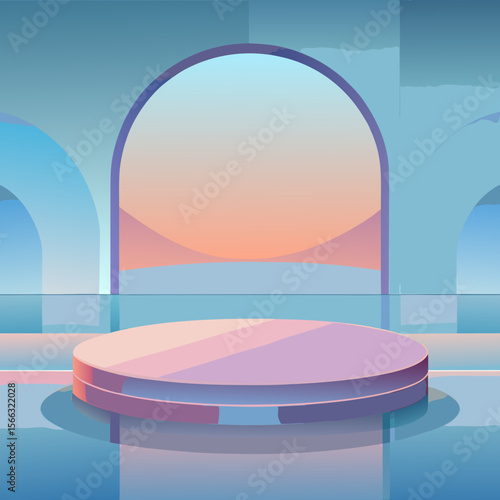 Aesthetic presentation stage with archways and pastel colors creating a serene and modern backdrop