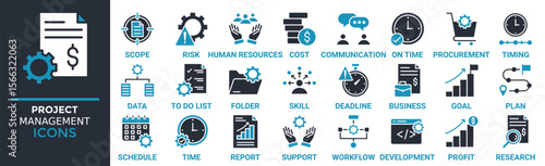Project management icon set. Containing scope, risk, human resources, cost, communication, on time, procurement and more. Solid vector icons collection