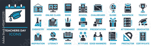 Teachers day icon set. Containing board, online class, book, school, chalkboard, globe, backpack and more. Solid vector icons collection