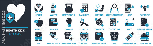 Health kick icon set. Containing heart, water, kettlebell, calories, lifting, strengthening, exercise and more. Solid vector icons collection