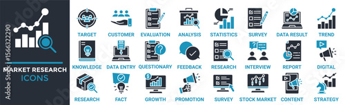 Market research icon set. Containing target, customer, evaluation, analysis, statistics, survey, data result and more. Solid vector icons collection
