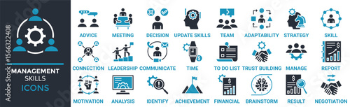 Management skills icon set. Containing advice, meeting, decision, update skills, team, adaptability, strategy and more. Solid vector icons collection