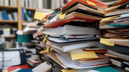 A cluttered workspace filled with large stacks of papers, files, and folders, marked with numerous sticky notes in an office or study environment.