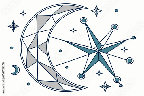 Geometric moon and stars constellation pattern with celestial elements