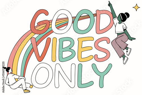 Bold rainbow good vibes only sticker design with positive message