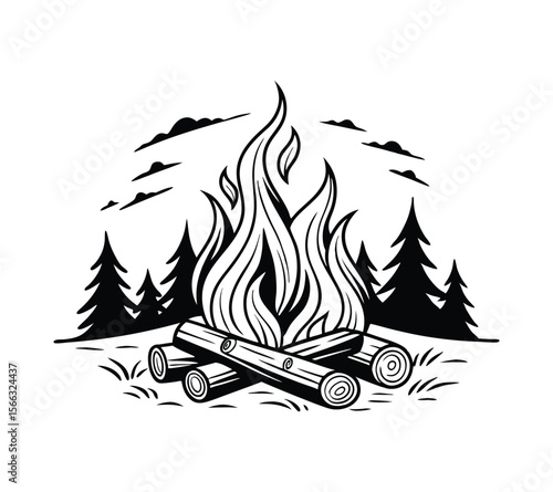 Monochrome Campfire Line Art, Ideal for t-shirt prints and travel logos