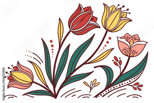 Stylized tulips in dutch folk art style with black and yellow accents