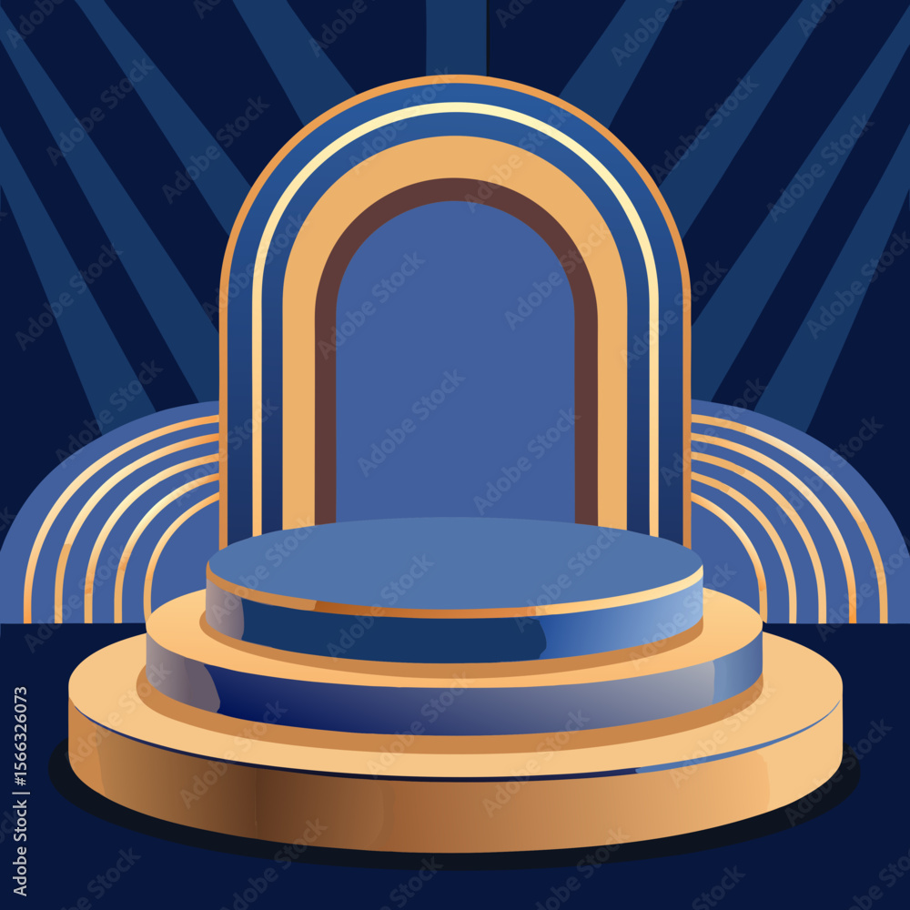 Fototapeta premium Illustration of a blue and gold three tiered platform with an archway and radiating lines design