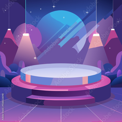 A round stage with steps in a purple room with hanging lights and a blue circle in the background