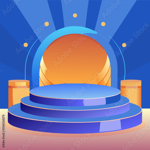 A three tiered blue platform with golden accents and a semi circular backdrop for product display