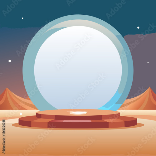 A dreamy scene featuring a large transparent sphere on a platform with mountains in the background art