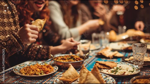 Vegetarian Indian food. several people eat Indian food at a common table together. The girl's hand takes Samos from the plate.
