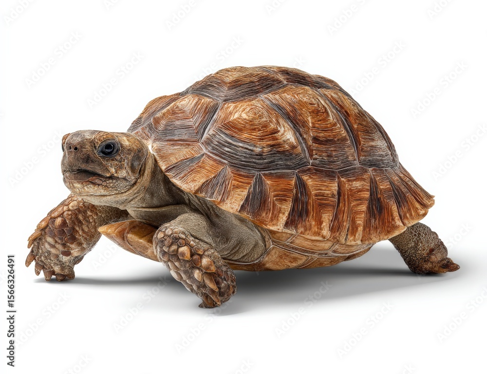 Obraz premium Realistic detailed image of a large adult terrestrial tortoise with a domed walking on a plain white background, close-up view