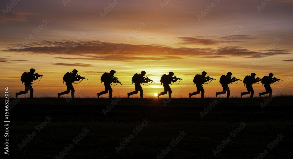 Fototapeta premium Nine soldier silhouettes running with rifles across a field at vibrant sunrise
