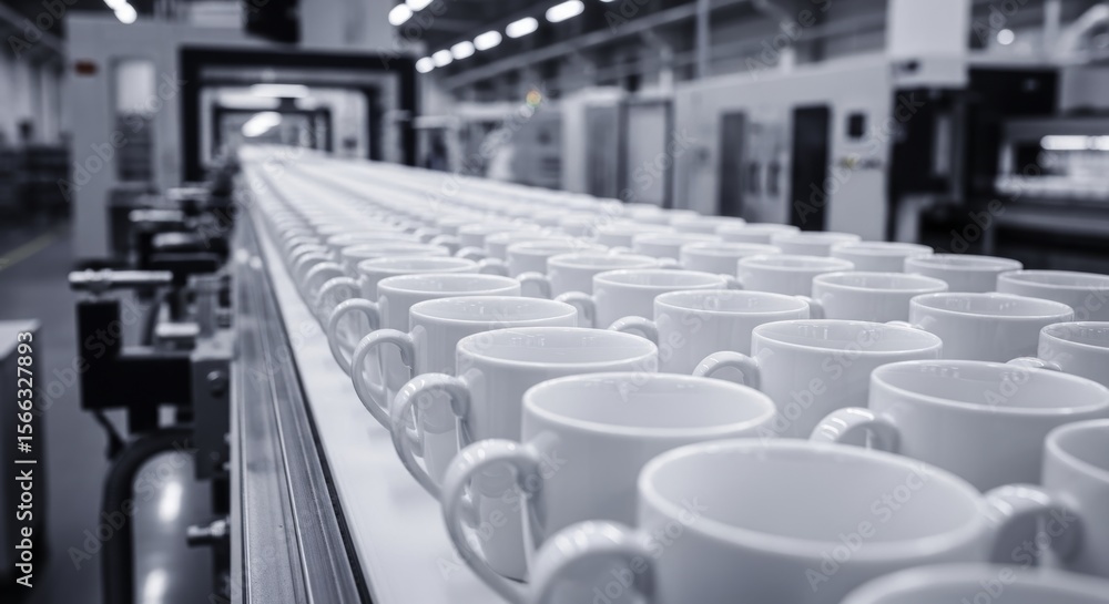 Fototapeta premium White ceramic coffee mugs moving on a conveyor belt in a modern manufacturing factory