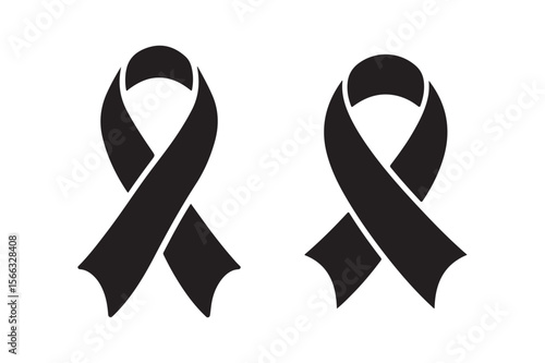 Black Ribbon Silhouette Icons Symbolizing Awareness, Mourning, and Support