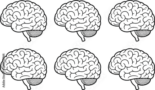 Six Black and White Brain Illustrations on White Background
