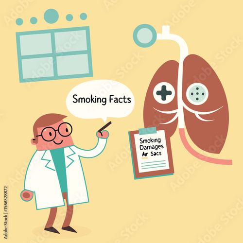 Cartoon doctor presenting smoking facts next to lungs and clipboard in a health awareness illustration.