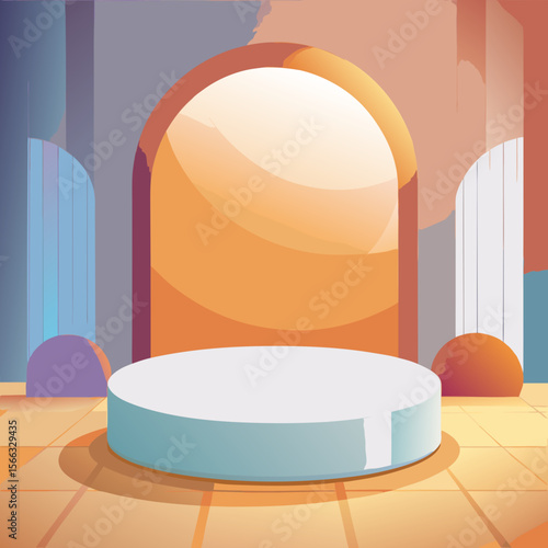 Illustration of a white round platform in front of an orange archway with pastel backgrounds