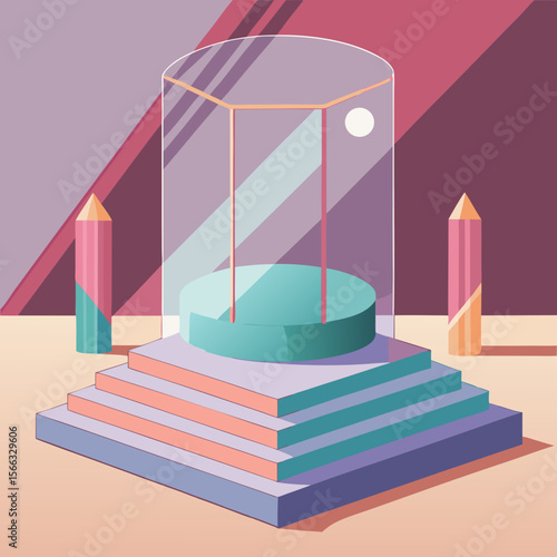 Illustration of a cylinder on a stepped platform with pencils on a pastel colored background design