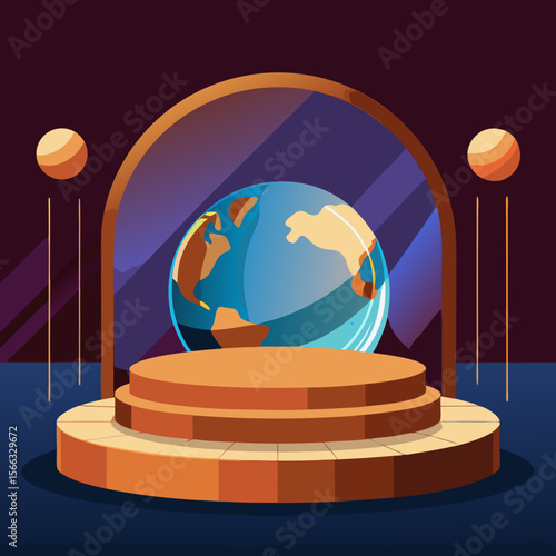 Illustration of a globe on a three tier platform with an arch and floating spheres around it