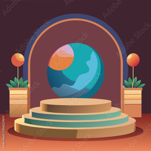A turquoise sphere on a three tiered platform with plants and an arch in a stylized illustration