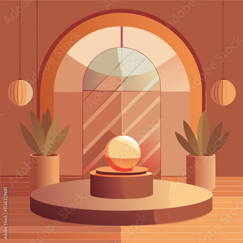 Interior scene with spherical light, plants, and arched window in warm earth tone aesthetic design