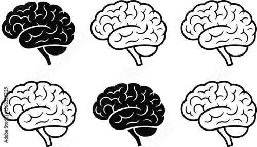 Black and White Brain Illustrations Set on White Background