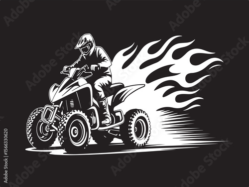 Motorcyclist riding an atv with flames and speed lines on a black background