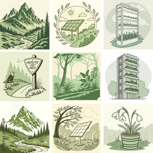 Eco-conscious vector set featuring mountains, solar energy, urban gardening, and nature elements, ideal for sustainability, environment, and wellness branding