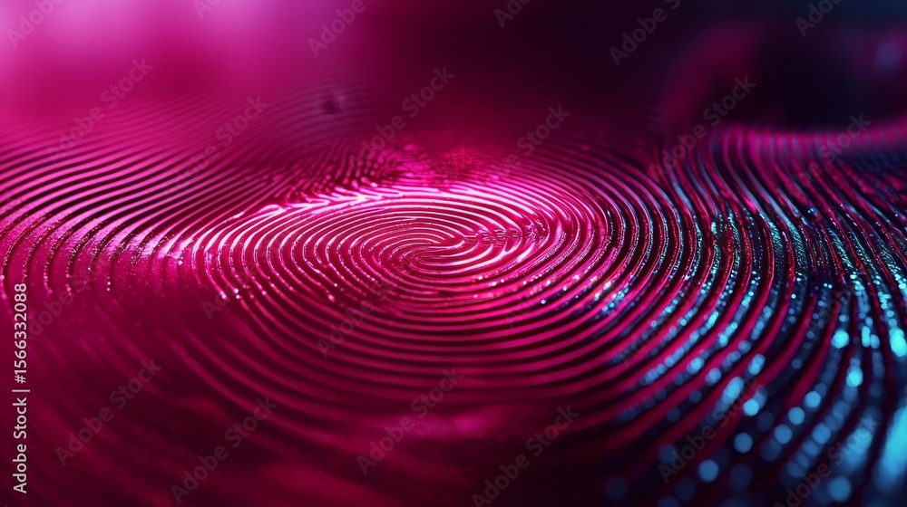 Close-up of a fingerprint illuminated by vibrant pink and blue neon lights, highlighting the intricate ridges and texture. Close-up of a fingerprint illuminated by vibrant pink and blue neon lights, highlighting the intricate ridges and texture.
