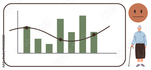 Green bar graph with trend line tracking statistics, neutral emoticon, and an elderly person with a cane. Ideal for demographic studies, aging, research, healthcare, statistics, surveys and trends