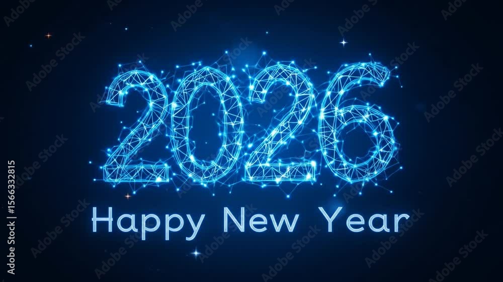 Happy New Year 2026, made with dots and lines, polygonal wireframe light link structure in the night sky, dark blue background. 4k video Happy New Year 2026, made with dots and lines, polygonal wireframe light link structure in the night sky, dark blue background. 4k video