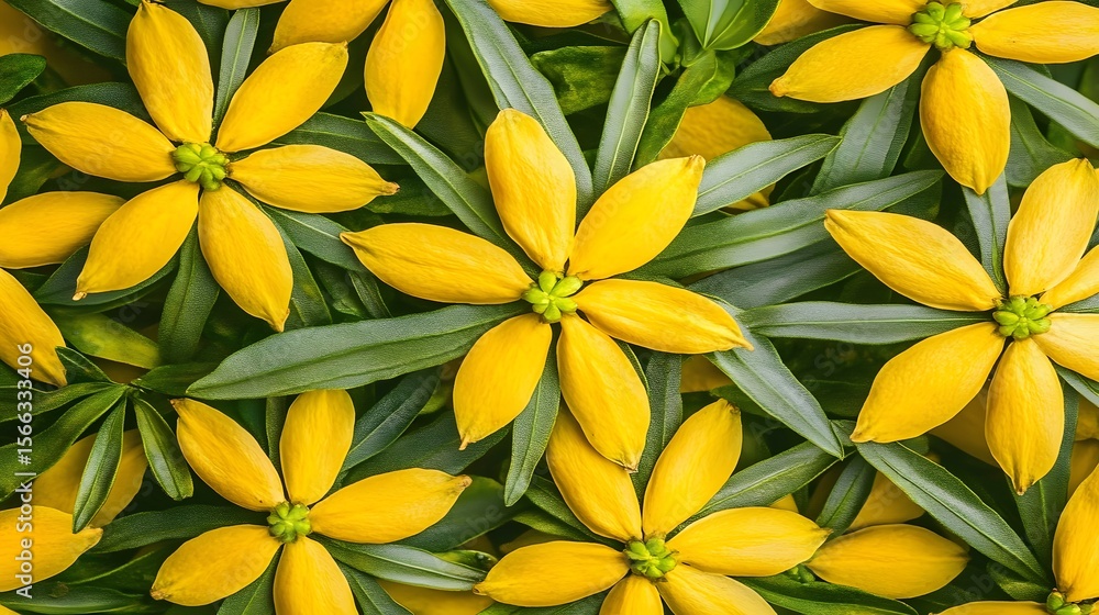 Obraz premium Vibrant Yellow Flowers Blooming Lush Green Leaves Botanical Background