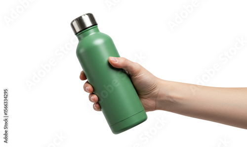 Hand holding green thermos steel water bottle mockup isolated on a transparent background