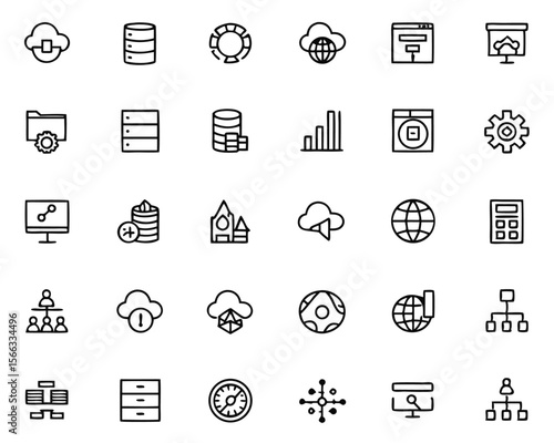 Comprehensive data analytics icon collection featuring database and statistical visualizations for digital platforms and presentations