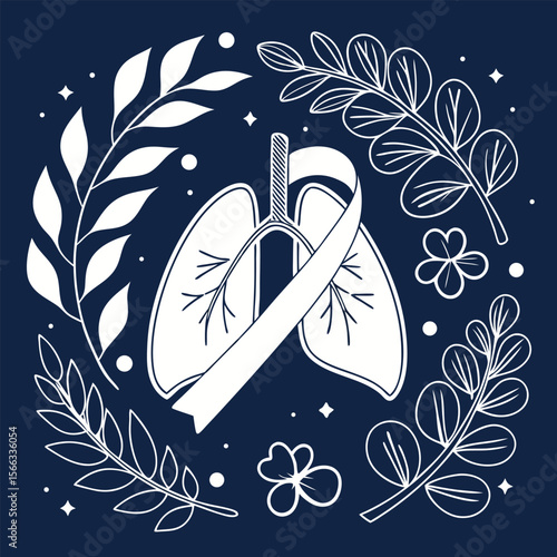 Stylized White Lungs with Ribbon and Floral Elements on Navy Background