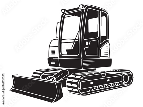Illustration of a black compact excavator with a front blade and tracks on a white background