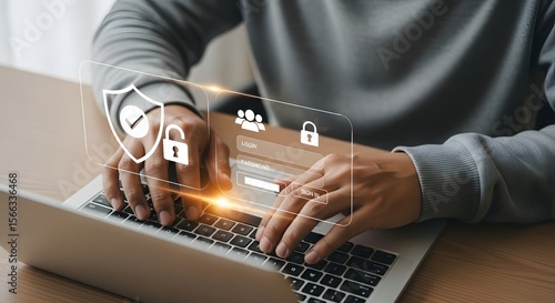 Man typing on a laptop with a digital security interface overlayed on the screen.