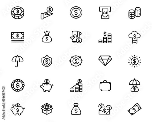 Comprehensive collection of clean modern graphic symbols representing financial growth monetary transactions investment strategies and economic progress rendered in a minimalist line art style