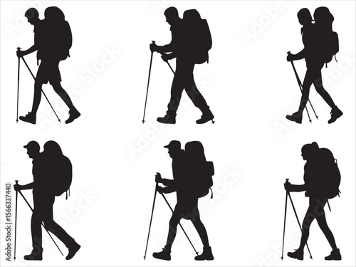 Silhouettes of hikers with backpacks and trekking poles walking against a white background