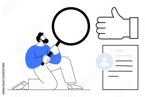 Man analyzing document with a magnifying glass, profile icon, and thumbs-up symbol. Ideal for recruitment, success, approval, analysis, evaluation, research simple landing page