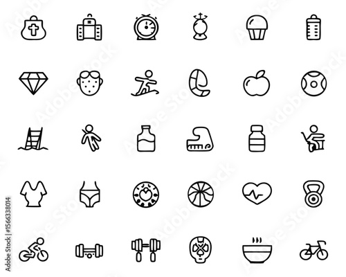 Comprehensive collection of health and wellness symbols featuring diverse elements for fitness nutrition and healthy lifestyle concepts in a clean modern graphic style