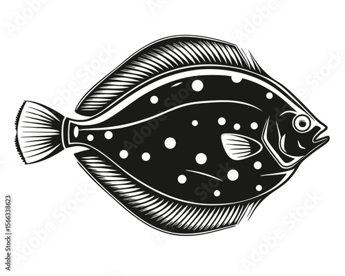 Artistic monochrome hand drawn sketch of a flatfish species showcasing intricate linework and a detailed depiction of its unique body shape and fins