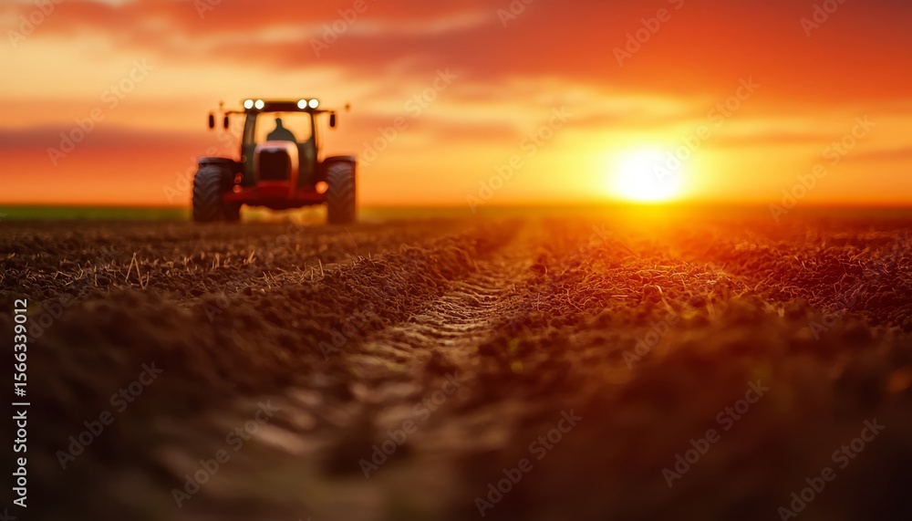 Fototapeta premium A tractor works a plowed field at sunrise, with tire tracks leading toward the glowing horizon.