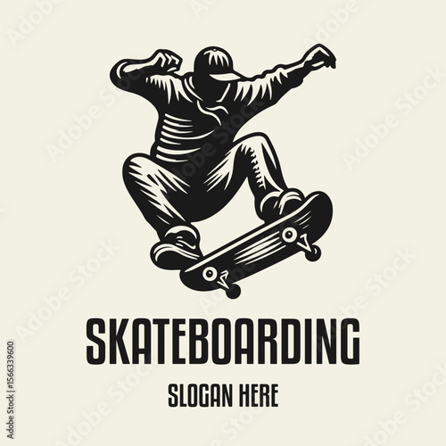 Black and white flat vector illustration of a male skateboarder performing a trick in mid-air. Dynamic silhouette style, perfect for sports or youth-themed designs.