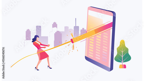 Woman pulling a yellow rope connected to a large phone with a city background illustration scene design