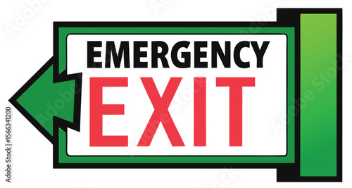 Clear and bold graphic illustration of an emergency exit sign with a green arrow pointing left and the words emergency exit in black and red text on a white background with a green and black border