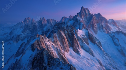Majestic Snow-Covered Mountain Peaks at Sunrise with Stunning Purple Sky